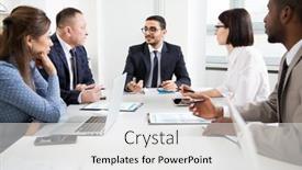  Presentation with business office desk - Presentation design consisting of group-of-business-people-sitting background and a white colored foreground