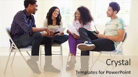  Presentation with business group meeting - Presentation design having group of business people sitting background and a lemonade colored foreground