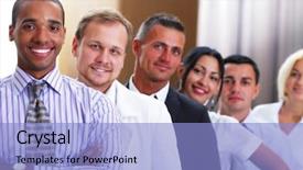  Presentation with african american business - Cool new PPT theme with group of business people smiling backdrop and a light blue colored foreground