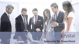  Presentation with negotiating - Cool new slides with group of business people standing near the negotiating table backdrop and a light blue colored foreground