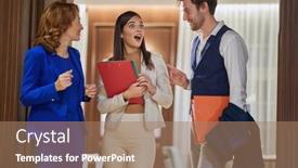  Presentation with business hotel - Audience pleasing presentation theme consisting of group-of-business-people-standing backdrop and a coral colored foreground