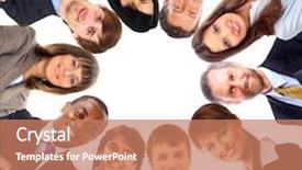  Presentation with huddle - Audience pleasing presentation theme consisting of group of business people standing in huddle smiling low angle view backdrop and a coral colored foreground