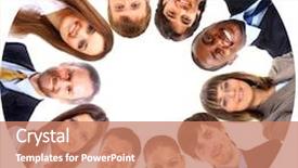  Presentation with huddle - Audience pleasing PPT theme consisting of group of business people standing backdrop and a coral colored foreground
