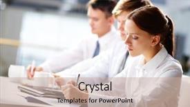  Presentation with intern - Audience pleasing PPT theme consisting of group of business people taking backdrop and a soft green colored foreground