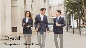 Presentation with people street - PPT theme featuring group of business people walking background and a mint green colored foreground