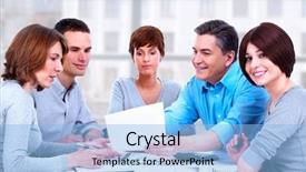  Presentation with group discussion - Amazing presentation theme having group of business people working backdrop and a light blue colored foreground