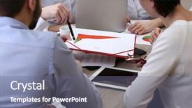  Presentation with group - Cool new slide deck with group of business people working backdrop and a gray colored foreground