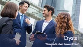  Presentation with working together - Audience pleasing presentation theme consisting of group of business people working backdrop and a navy blue colored foreground