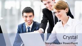  Presentation with business group meeting - Colorful slide deck enhanced with group of business people backdrop and a light blue colored foreground