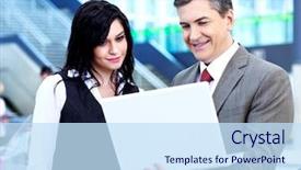  Presentation with business group meeting - Audience pleasing theme consisting of group of business people in a modern hall meeting backdrop and a sky blue colored foreground