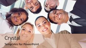  Presentation with circle - Presentation theme featuring group of business people background and a coral colored foreground