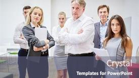  Presentation with people - Slide deck consisting of group-of-business-people background and a gray colored foreground