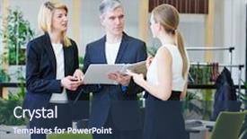  Presentation with files - Presentation consisting of group of business people in office talking to each other with files background and a ocean colored foreground