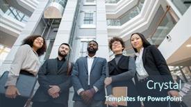  Presentation with formal - Beautiful presentation theme featuring group-of-business-specialists backdrop and a ocean colored foreground