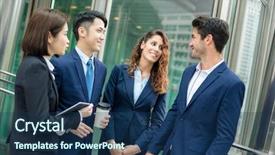  Presentation with team group - Colorful slide deck enhanced with group of business team talking to each other backdrop and a ocean colored foreground