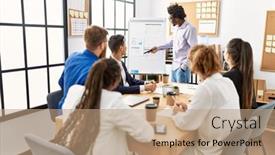  Presentation with african american business - PPT theme having group-of-business-workers-listening background and a coral colored foreground