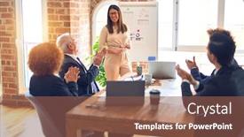  Presentation with board meeting - PPT layouts with group-of-business-workers-smiling background and a tawny brown colored foreground