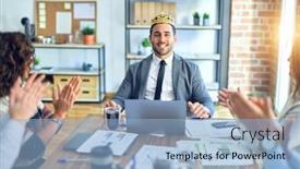  Presentation with king crown - Colorful presentation design enhanced with group-of-business-workers-smiling backdrop and a light blue colored foreground