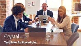  Presentation with working together - Colorful PPT theme enhanced with group-of-business-workers-smiling backdrop and a tawny brown colored foreground