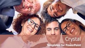  Presentation with heads - Beautiful slide deck featuring group-of-business-workers-smiling backdrop and a coral colored foreground