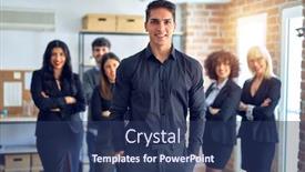  Presentation with office workers - Beautiful PPT layouts featuring group-of-business-workers-smiling backdrop and a ocean colored foreground