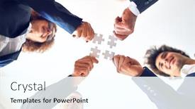  Presentation with circle puzzle pieces - Cool new PPT layouts with group-of-business-workers-smiling backdrop and a cool aqua colored foreground
