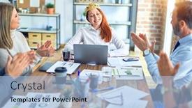  Presentation with king crown - Beautiful presentation theme featuring group-of-business-workers-smiling backdrop and a light blue colored foreground