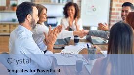  Presentation with working together - Colorful presentation theme enhanced with group-of-business-workers-smiling backdrop and a light blue colored foreground