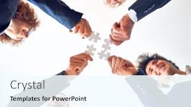  Presentation with circle puzzle pieces - Presentation theme having group-of-business-workers-smiling background and a cool aqua colored foreground