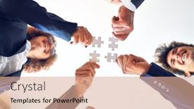  Presentation with circle puzzle pieces - Beautiful PPT theme featuring group-of-business-workers-smiling backdrop and a coral colored foreground