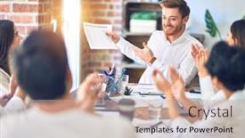  Presentation with working together - Beautiful PPT theme featuring group-of-business-workers-smiling backdrop and a coral colored foreground