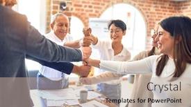  Presentation with office workers - Colorful slides enhanced with group-of-business-workers-smiling backdrop and a mint green colored foreground