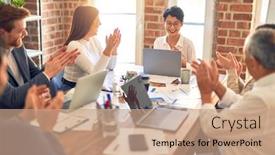  Presentation with working together - Amazing slide deck having group-of-business-workers-smiling backdrop and a coral colored foreground