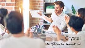  Presentation with working together - Cool new PPT theme with group-of-business-workers-smiling backdrop and a soft green colored foreground