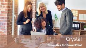  Presentation with working together - PPT layouts featuring group-of-business-workers-smiling background and a coral colored foreground