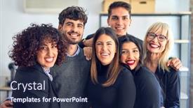  Presentation with office workers - Audience pleasing PPT theme consisting of group-of-business-workers-smiling backdrop and a navy blue colored foreground