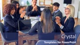  Presentation with working together - Slides featuring group-of-business-workers-smiling background and a ocean colored foreground