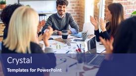  Presentation with working together - PPT theme enhanced with group-of-business-workers-smiling background and a ocean colored foreground