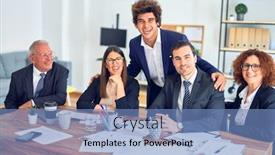  Presentation with standing sitting - Audience pleasing PPT theme consisting of group-of-business-workers-smiling backdrop and a teal colored foreground