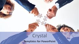  Presentation with circle puzzle pieces - PPT theme with group-of-business-workers-smiling background and a light blue colored foreground