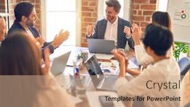  Presentation with working together - Colorful slide set enhanced with group-of-business-workers-smiling backdrop and a coral colored foreground