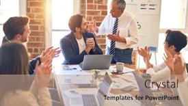  Presentation with working together - Slide set featuring group-of-business-workers-smiling background and a coral colored foreground