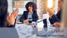  Presentation with working together - PPT theme featuring group-of-business-workers-smiling background and a light blue colored foreground