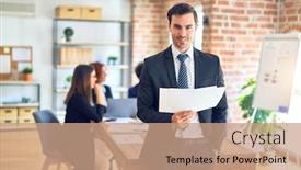  Presentation with business group meeting - PPT theme having group-of-business-workers-smiling background and a coral colored foreground