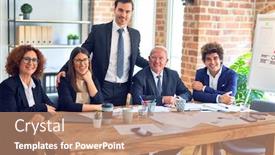  Presentation with standing sitting - Beautiful slide set featuring group-of-business-workers-smiling backdrop and a coral colored foreground