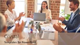  Presentation with working together - Audience pleasing presentation consisting of group-of-business-workers-smiling backdrop and a coral colored foreground