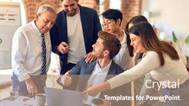  Presentation with standing sitting - Slide deck consisting of group-of-business-workers-smiling background and a coral colored foreground