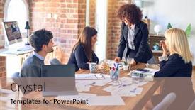 Presentation with working together - Colorful presentation design enhanced with group-of-business-workers-smiling backdrop and a coral colored foreground