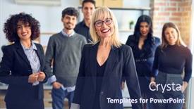  Presentation with office workers - Audience pleasing presentation design consisting of group-of-business-workers-smiling backdrop and a navy blue colored foreground