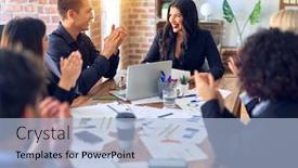  Presentation with working together - Colorful presentation enhanced with group-of-business-workers-smiling backdrop and a light blue colored foreground